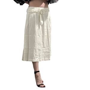 NWT New York White 100% Linen Full A line midi Belted Below Knee Skirt L